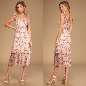Lulu’s Terrace Views Taupe Floral Print Tiered Midi Dress